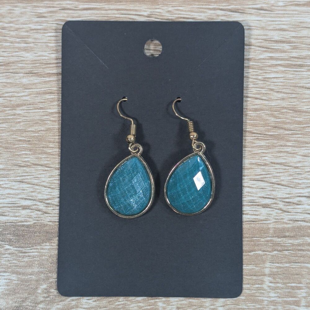 Teal Blue Teardrop Dangle Earrings Gold Tone Faceted Stone Boho